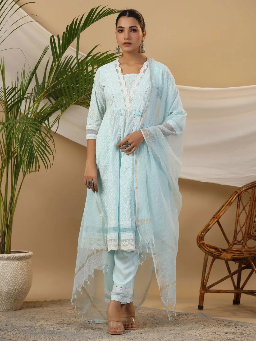 Juniper Ethnic Motif Print & Lacy Pure Cotton Kurta With Pant & Dupatta Set With Tassel Sequin & Buttons