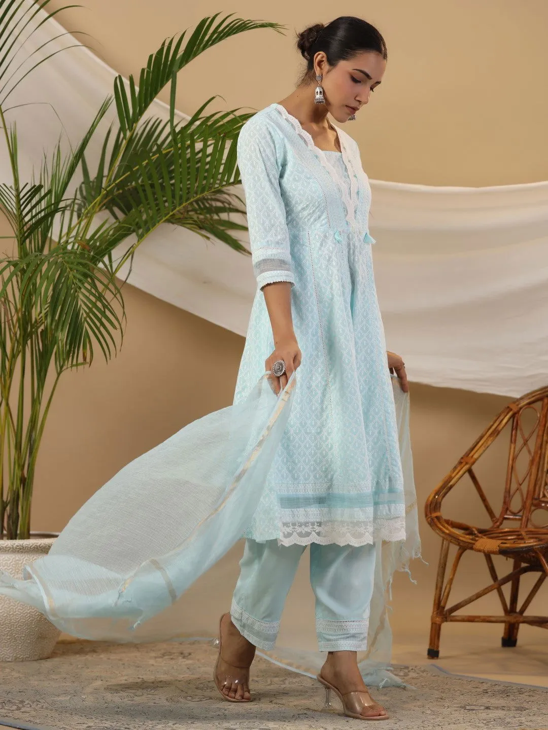 Juniper Ethnic Motif Print & Lacy Pure Cotton Kurta With Pant & Dupatta Set With Tassel Sequin & Buttons