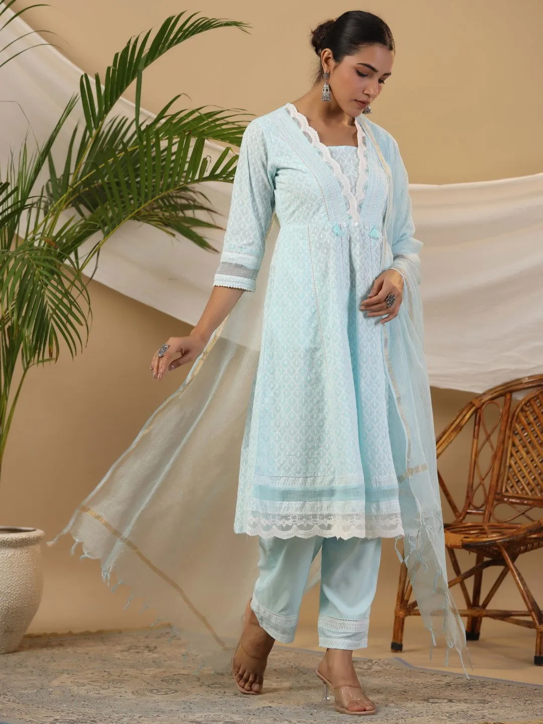 Juniper Ethnic Motif Print & Lacy Pure Cotton Kurta With Pant & Dupatta Set With Tassel Sequin & Buttons