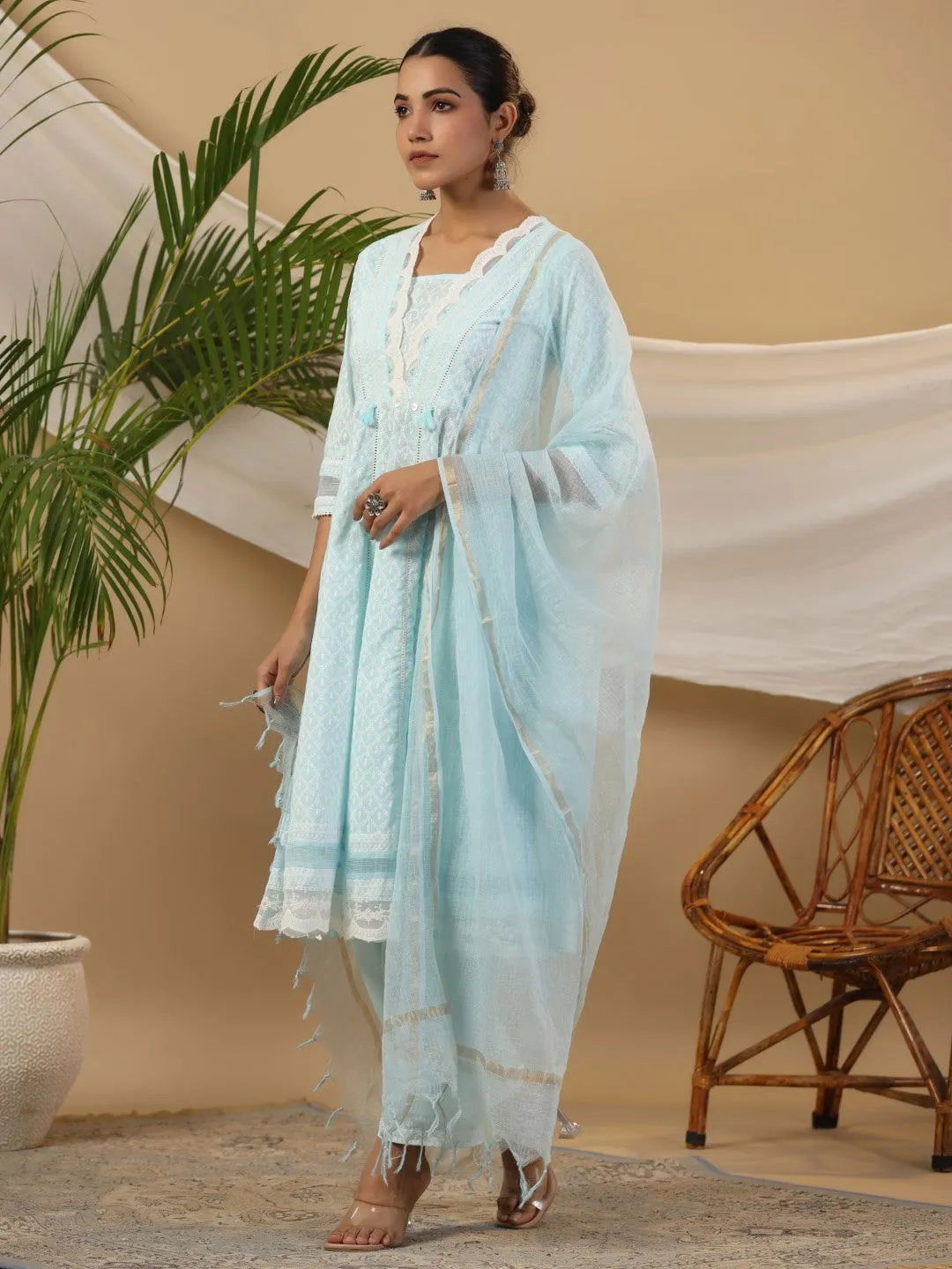 Juniper Ethnic Motif Print & Lacy Pure Cotton Kurta With Pant & Dupatta Set With Tassel Sequin & Buttons