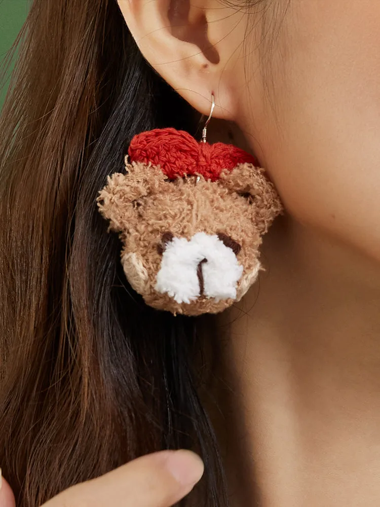 LB Hand Crochet Teddy Bear Earrings Bow Bear Ear Clip LOJL91