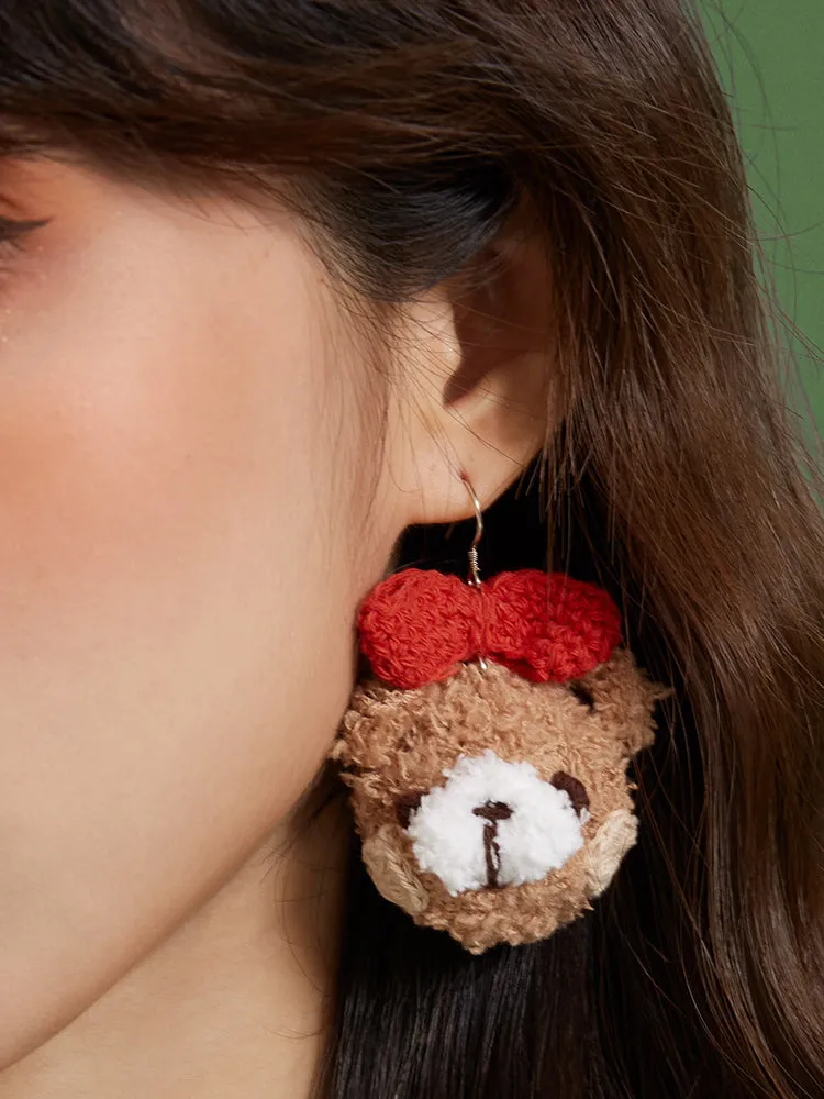 LB Hand Crochet Teddy Bear Earrings Bow Bear Ear Clip LOJL91