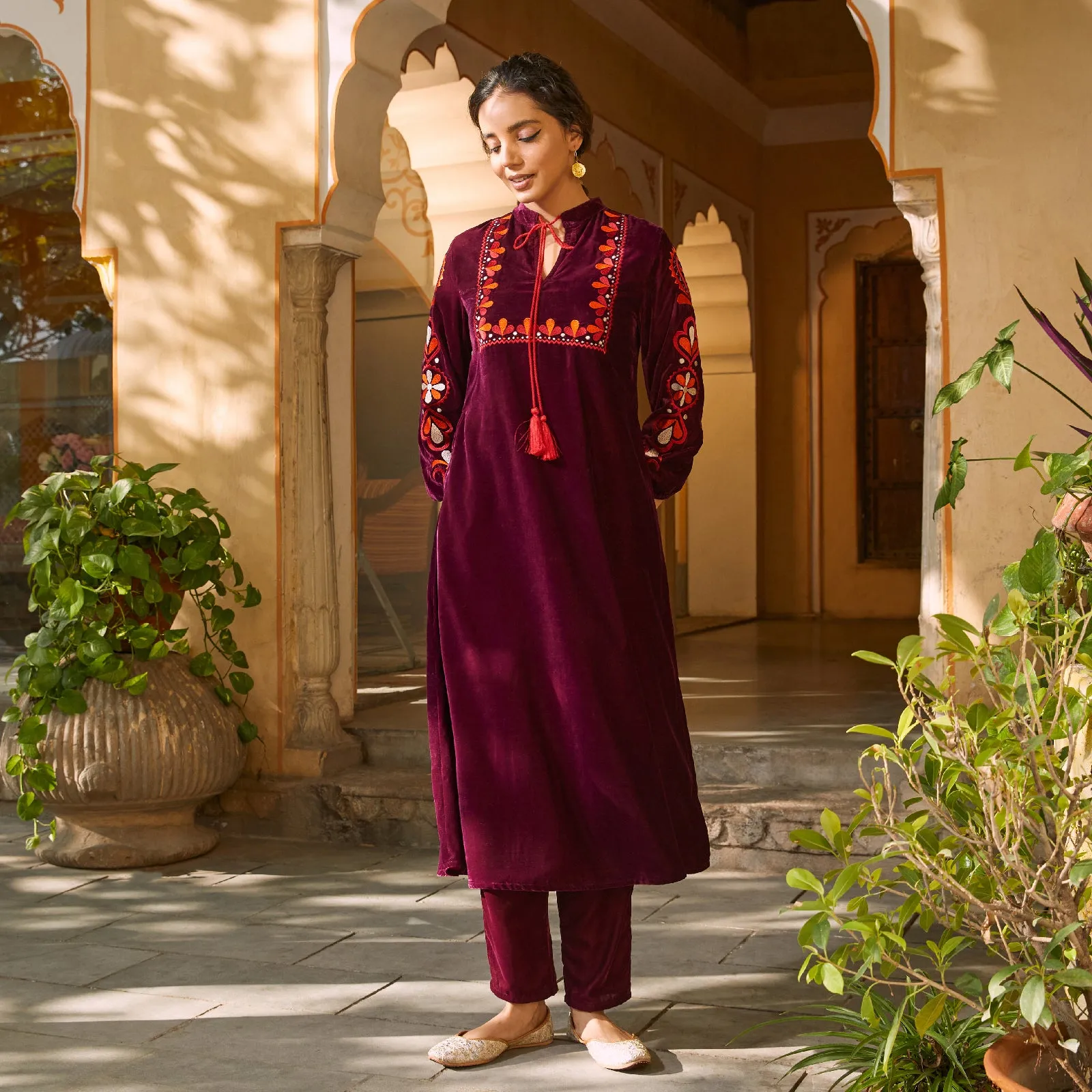 Magenta Velvet A-Line Embroidered Kurta