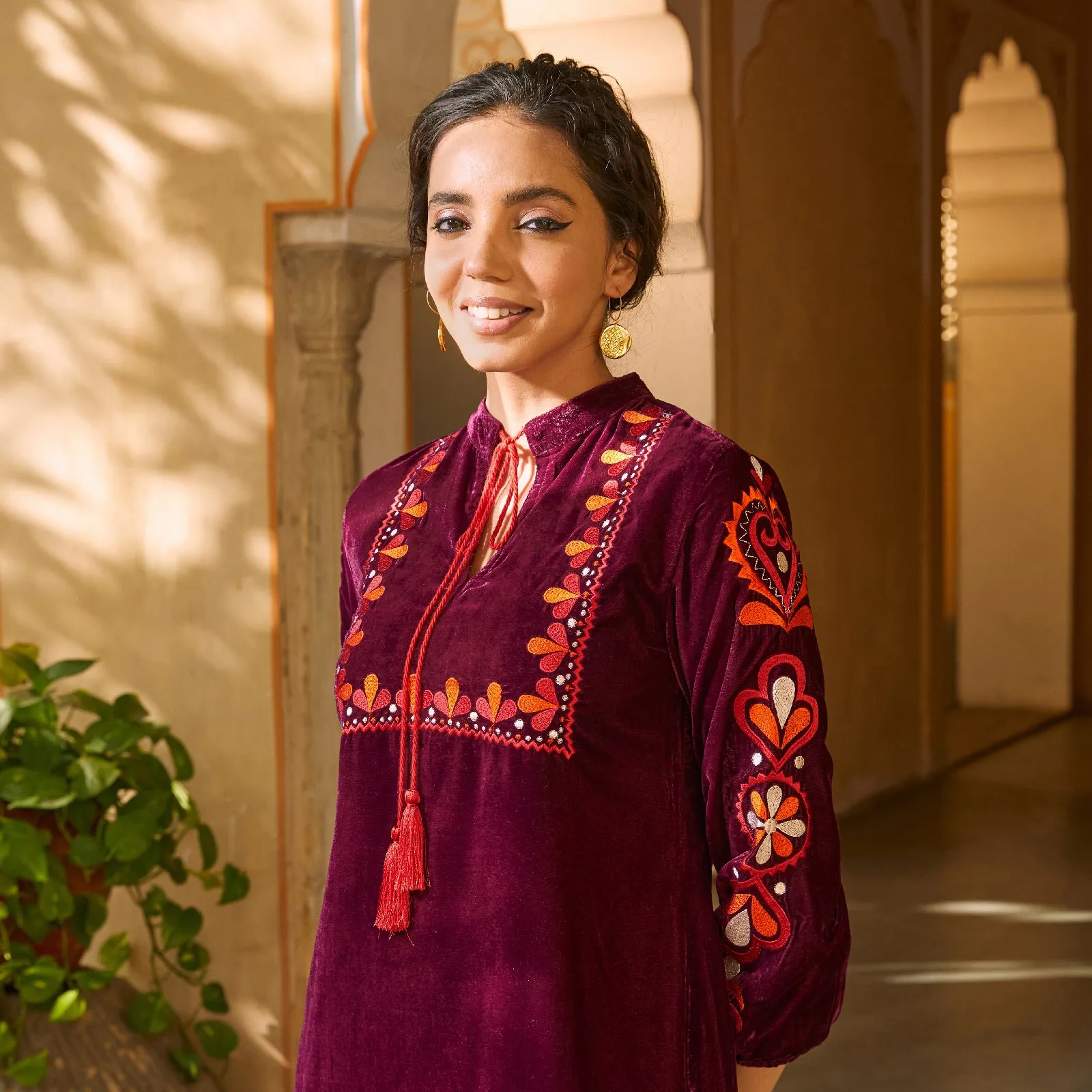 Magenta Velvet A-Line Embroidered Kurta