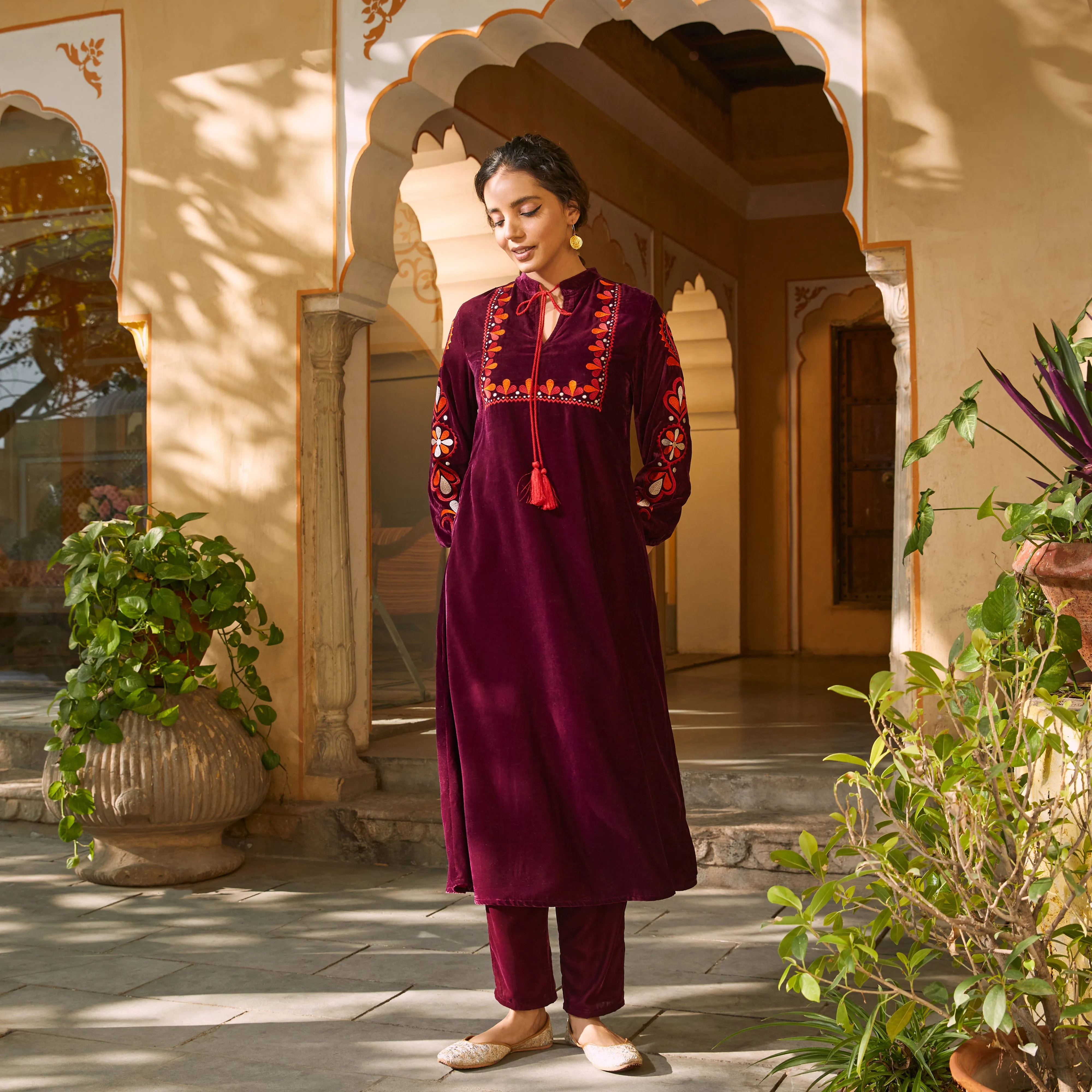 Magenta Velvet A-Line Embroidered Kurta