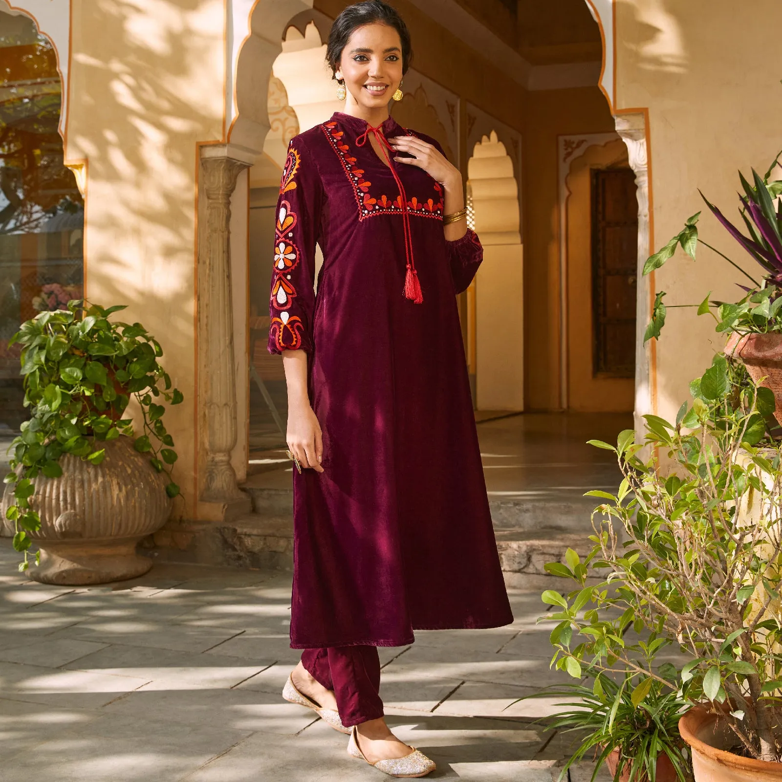 Magenta Velvet A-Line Embroidered Kurta