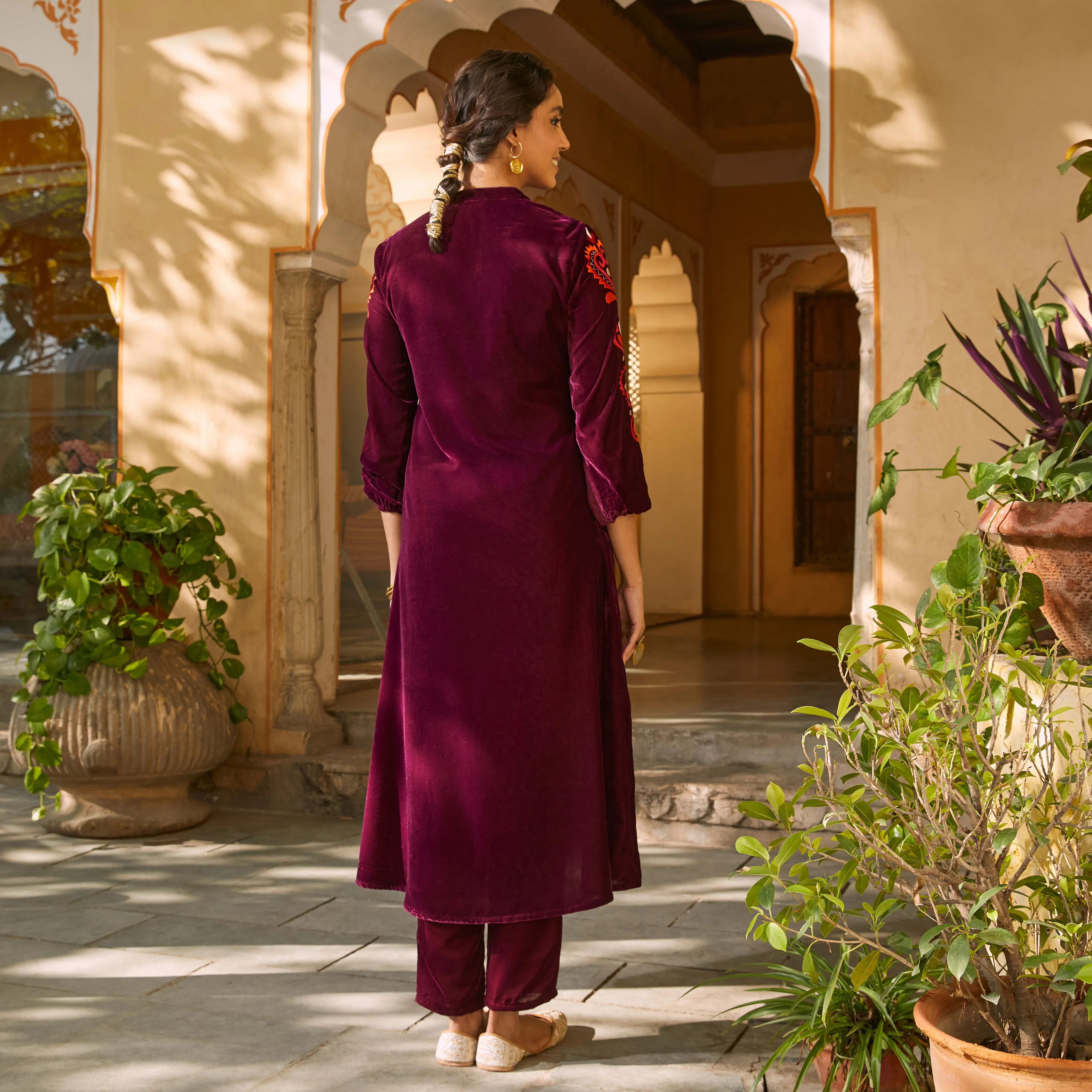 Magenta Velvet A-Line Embroidered Kurta