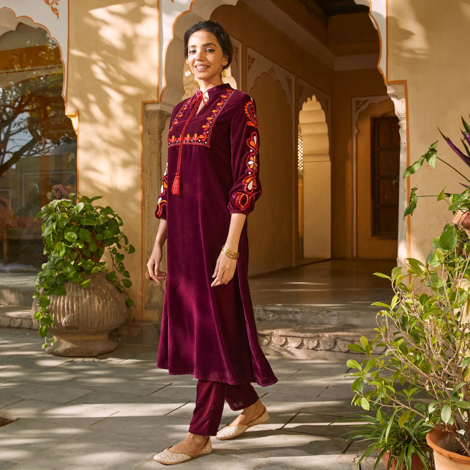 Magenta Velvet A-Line Embroidered Kurta