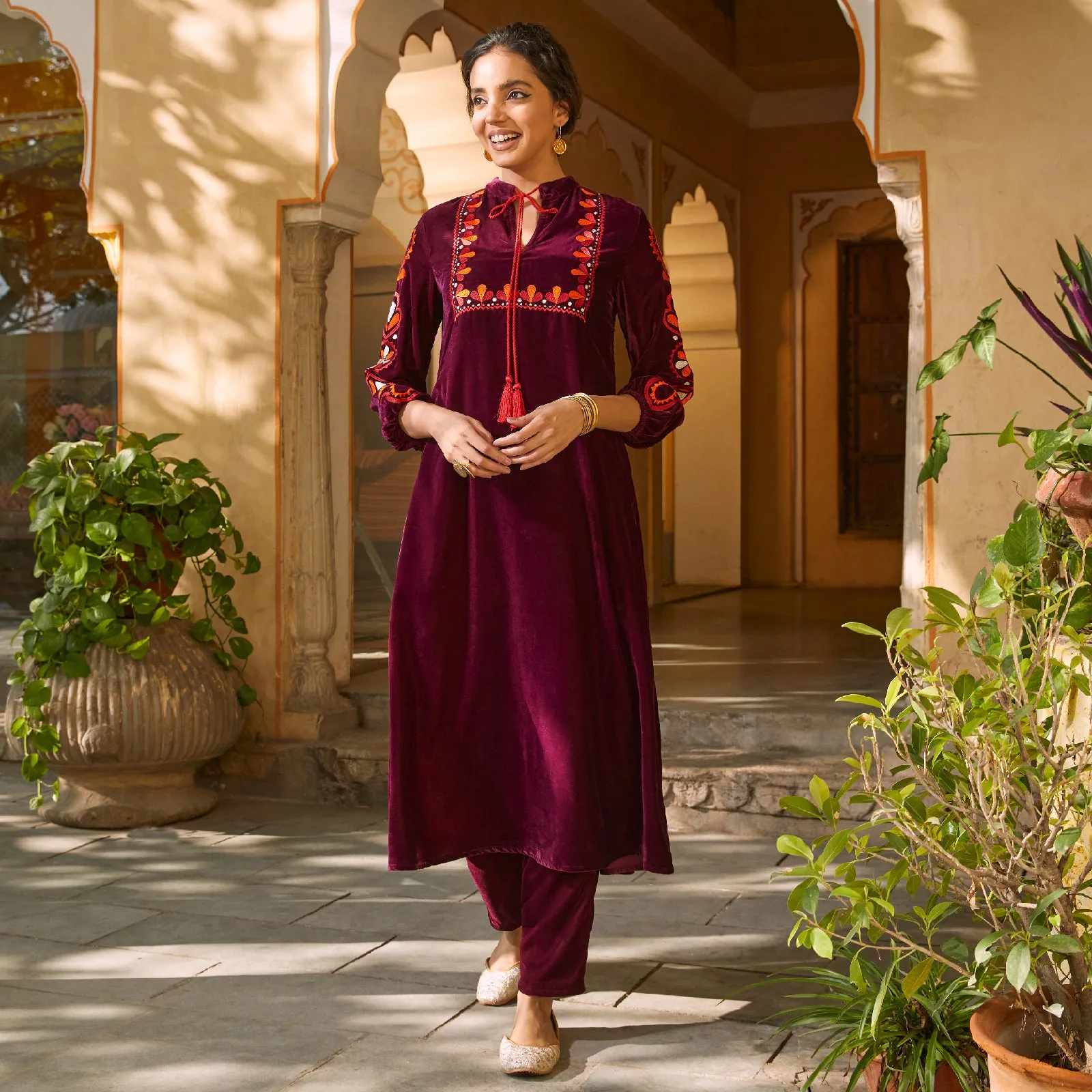 Magenta Velvet A-Line Embroidered Kurta