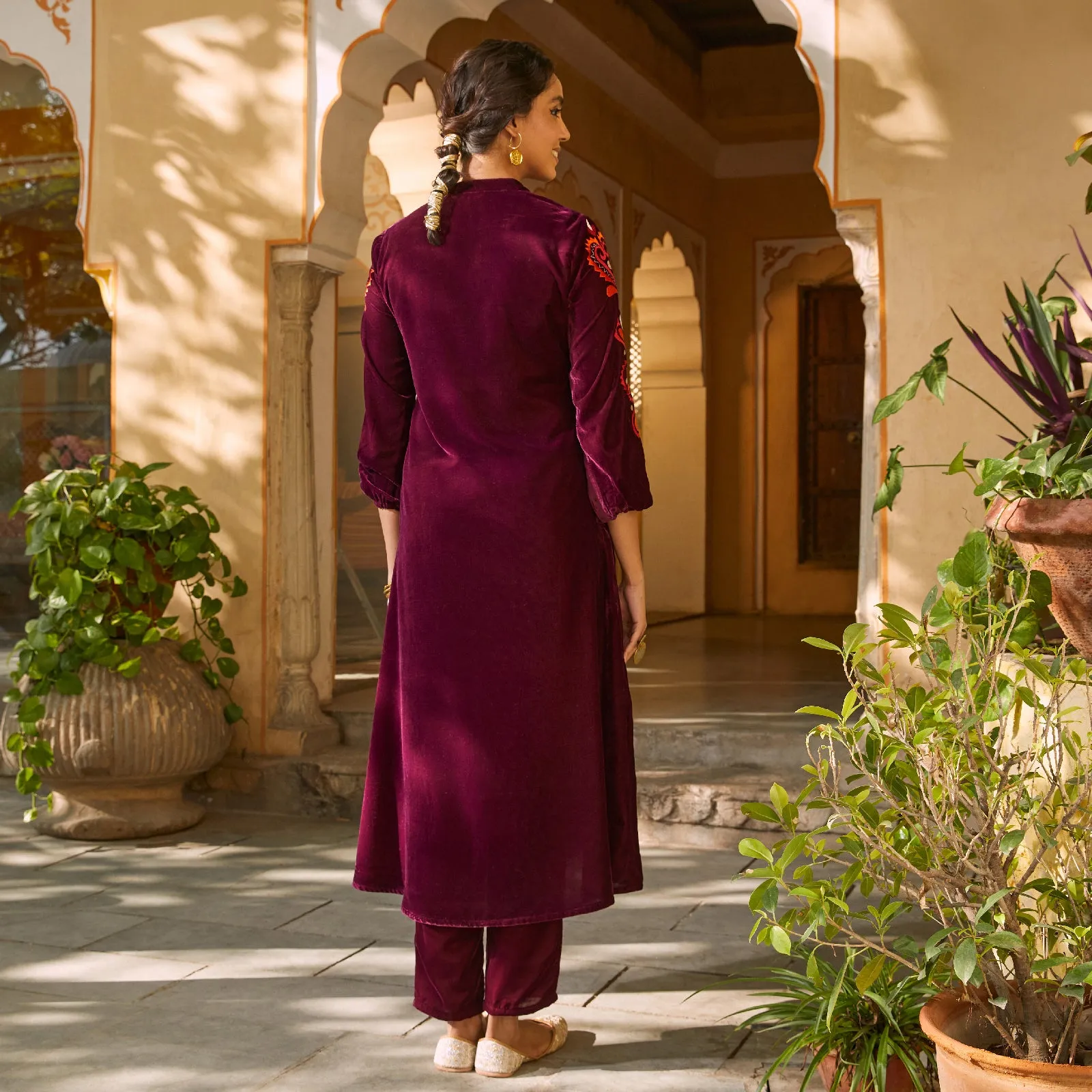 Magenta Velvet A-Line Embroidered Kurta