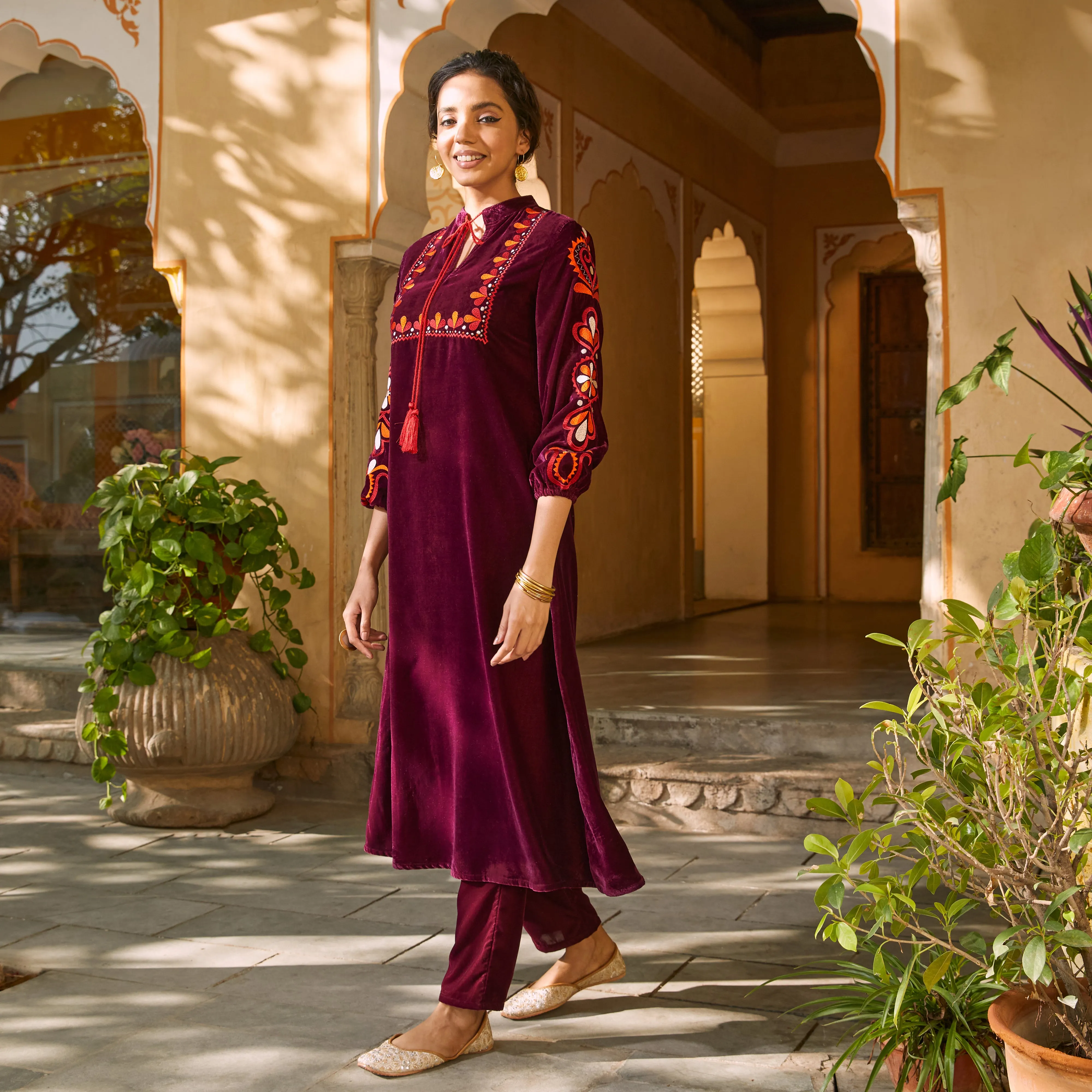 Magenta Velvet A-Line Embroidered Kurta