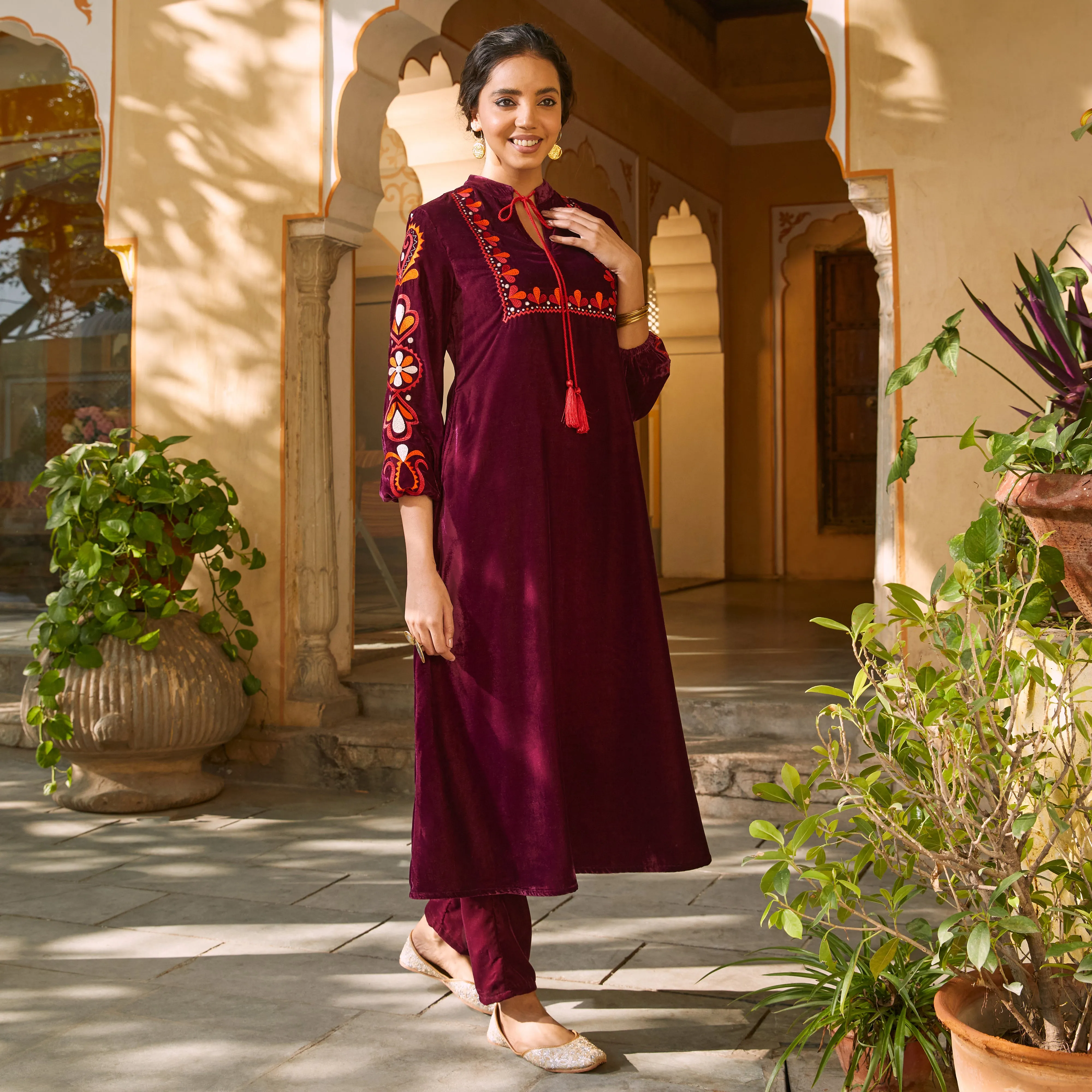 Magenta Velvet A-Line Embroidered Kurta