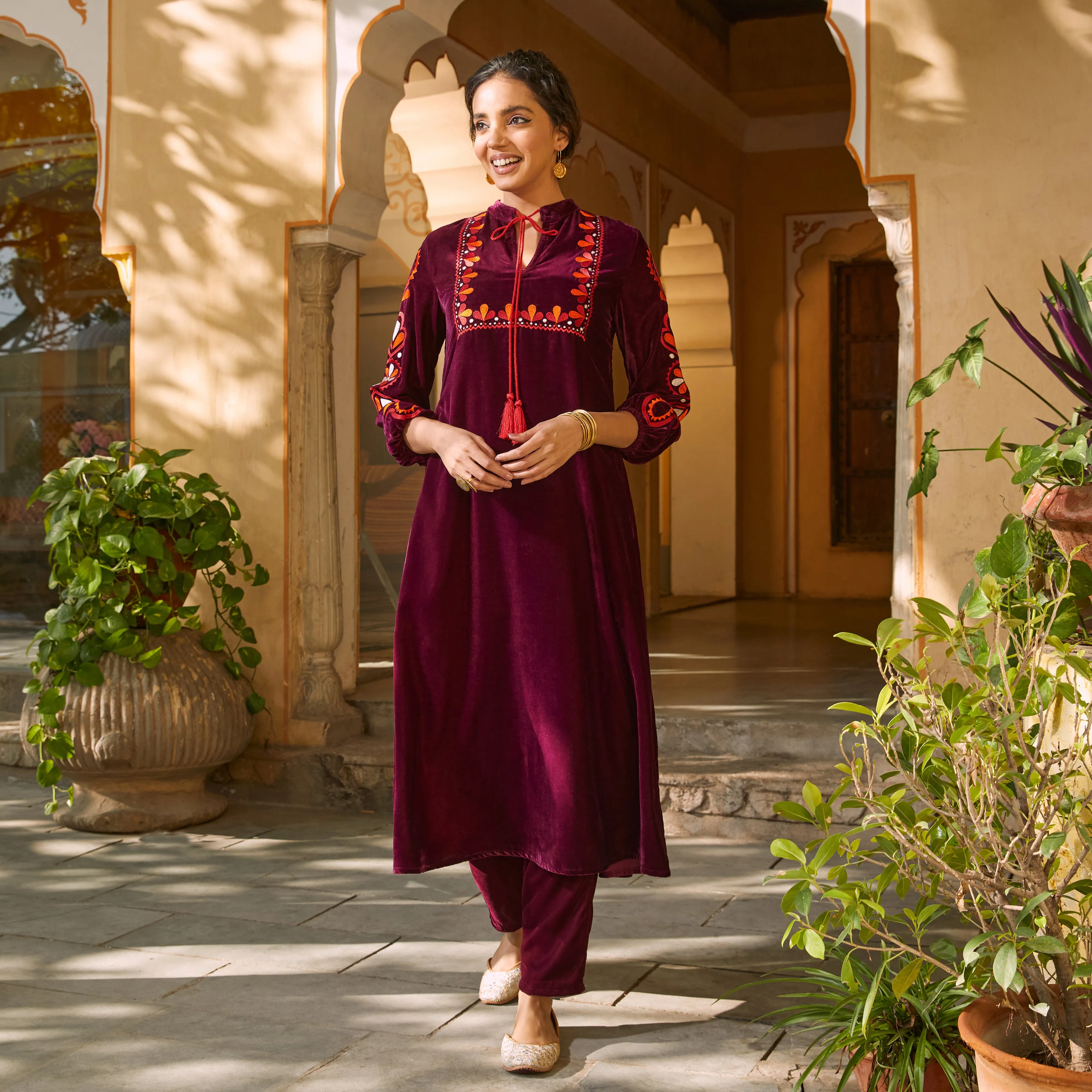 Magenta Velvet A-Line Embroidered Kurta