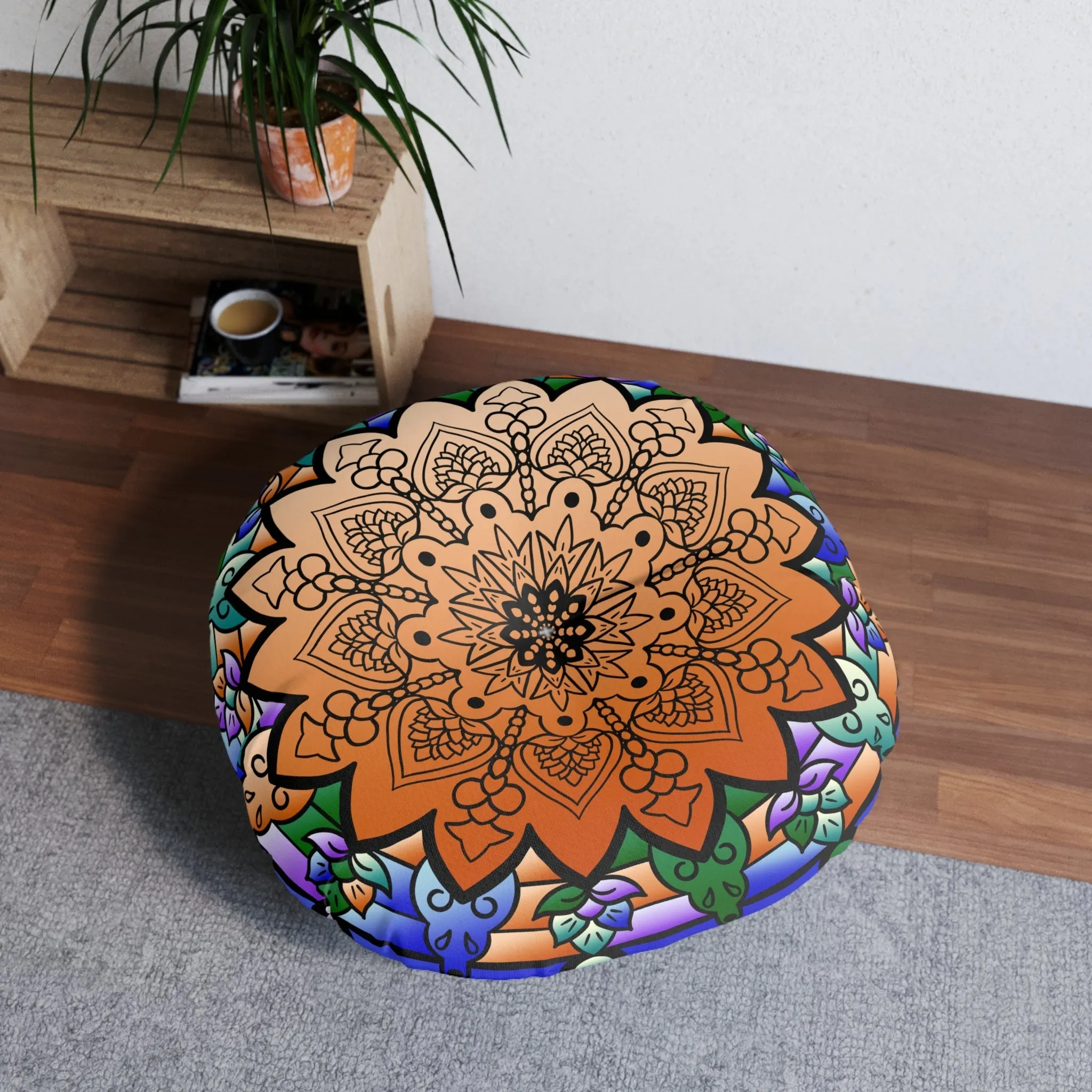 Mandala Art Hand Drawn Floor Cushion - Beautiful Colors on Dark Blue