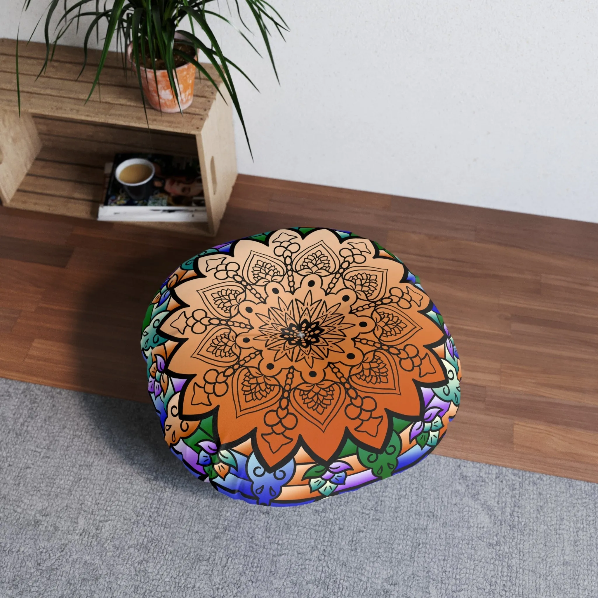 Mandala Art Hand Drawn Floor Cushion - Beautiful Colors on Dark Blue