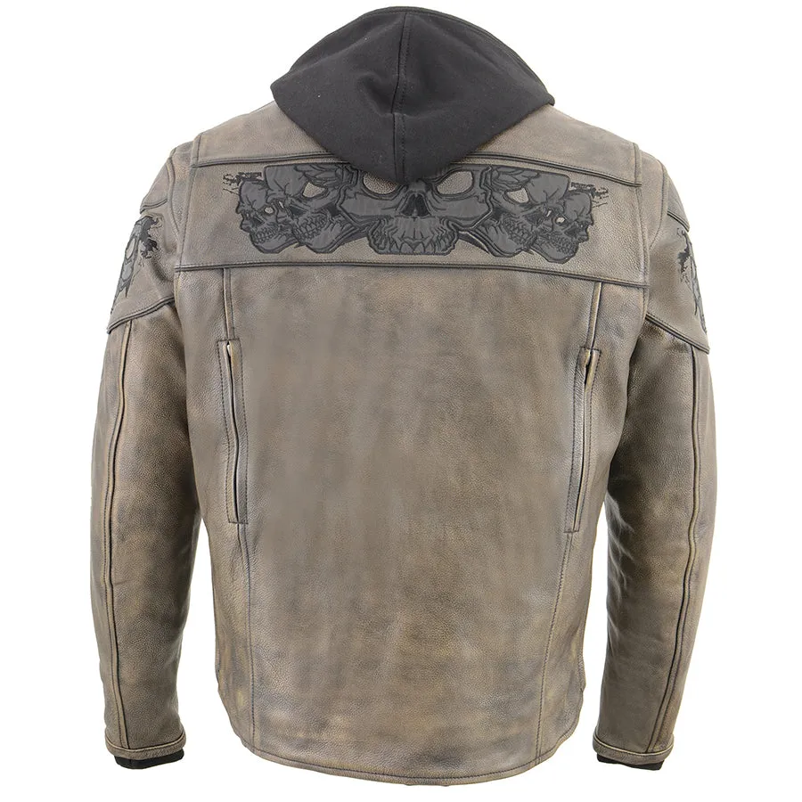 Men’s Distressed Brown Crossover Scooter Jacket w/ Reflective Skulls