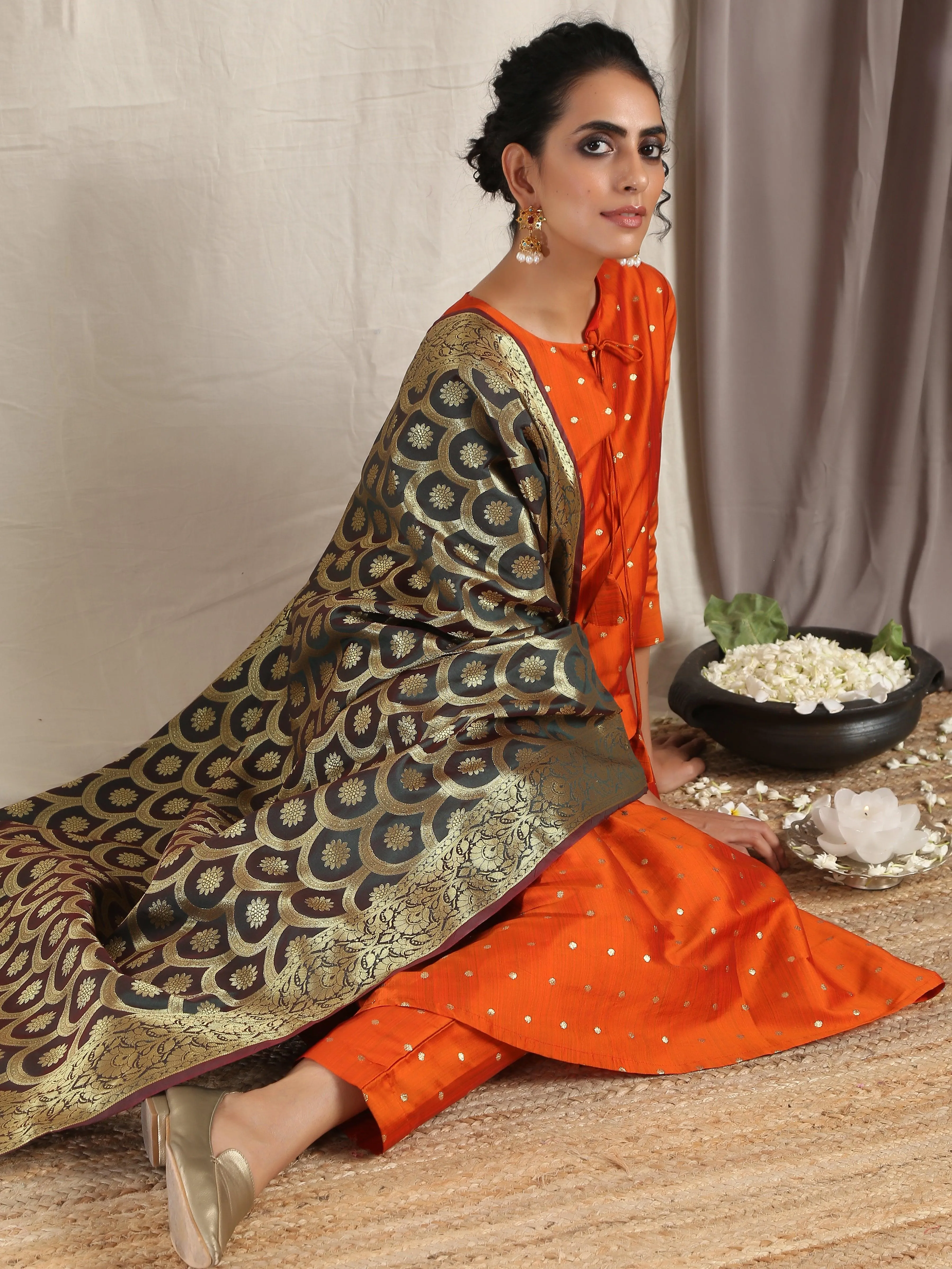 Orange Silk Kurta Pant Set