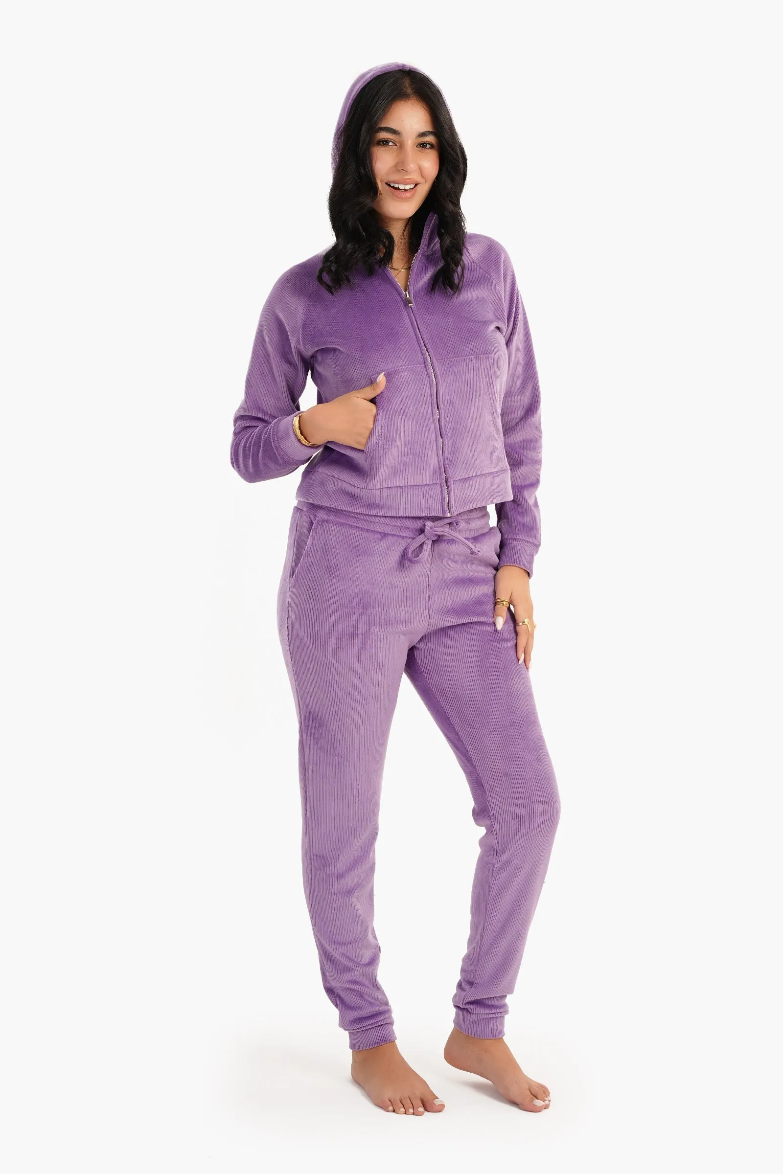 Purple Ribbed Velvet Pyjama Set