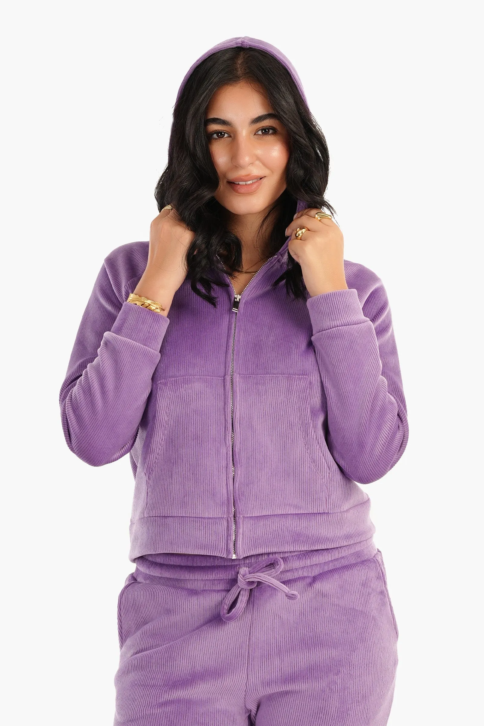 Purple Ribbed Velvet Pyjama Set