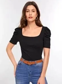 SCOOP NECK PUFF SLEEVE RIB-KNIT TEE