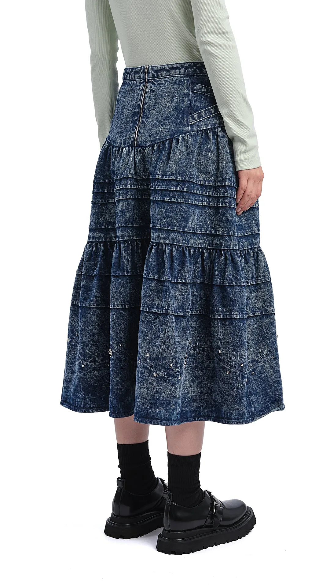 Stone-Washed Studded Denim Skirt