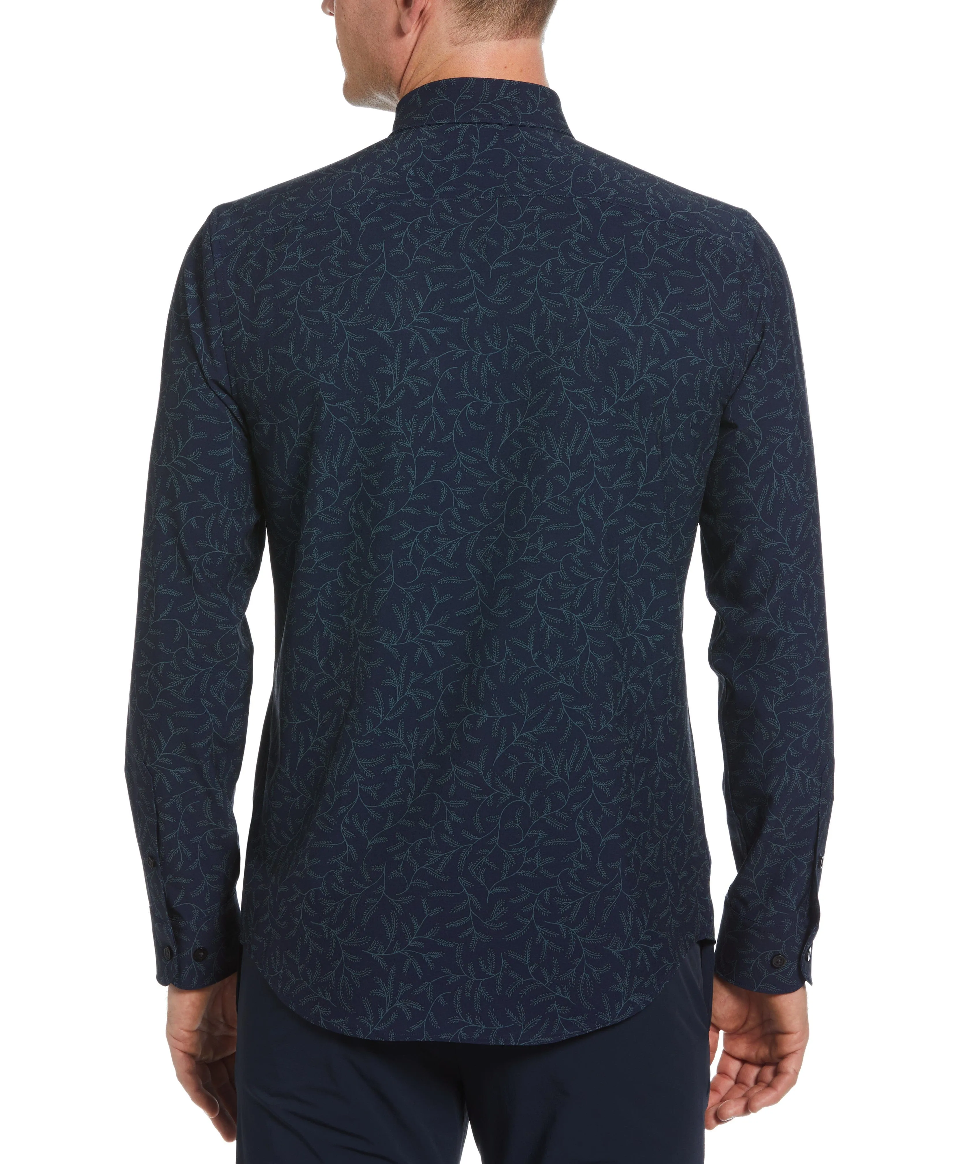 Untucked Total Stretch Slim Fit Leaf Print Shirt - Navy Blue