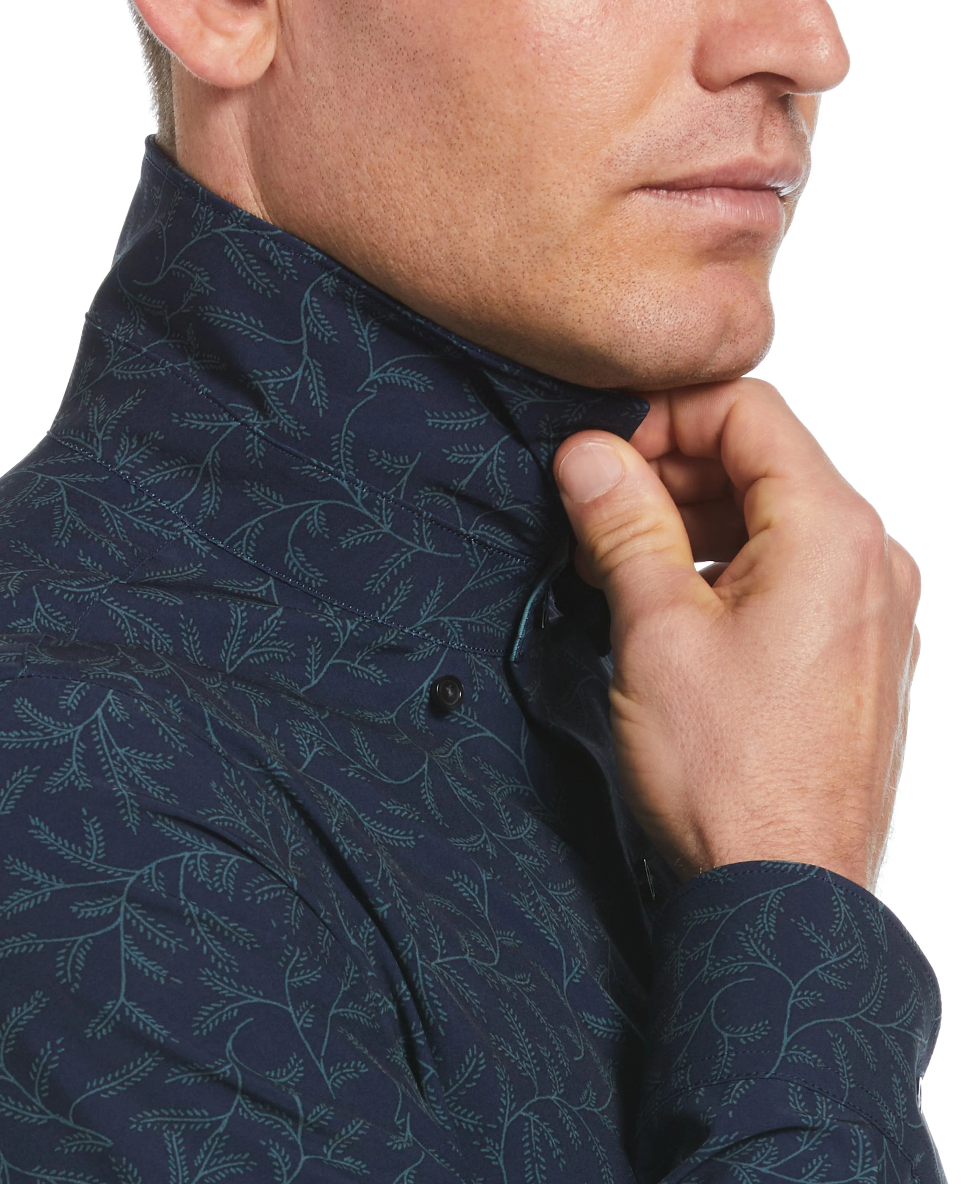 Untucked Total Stretch Slim Fit Leaf Print Shirt - Navy Blue