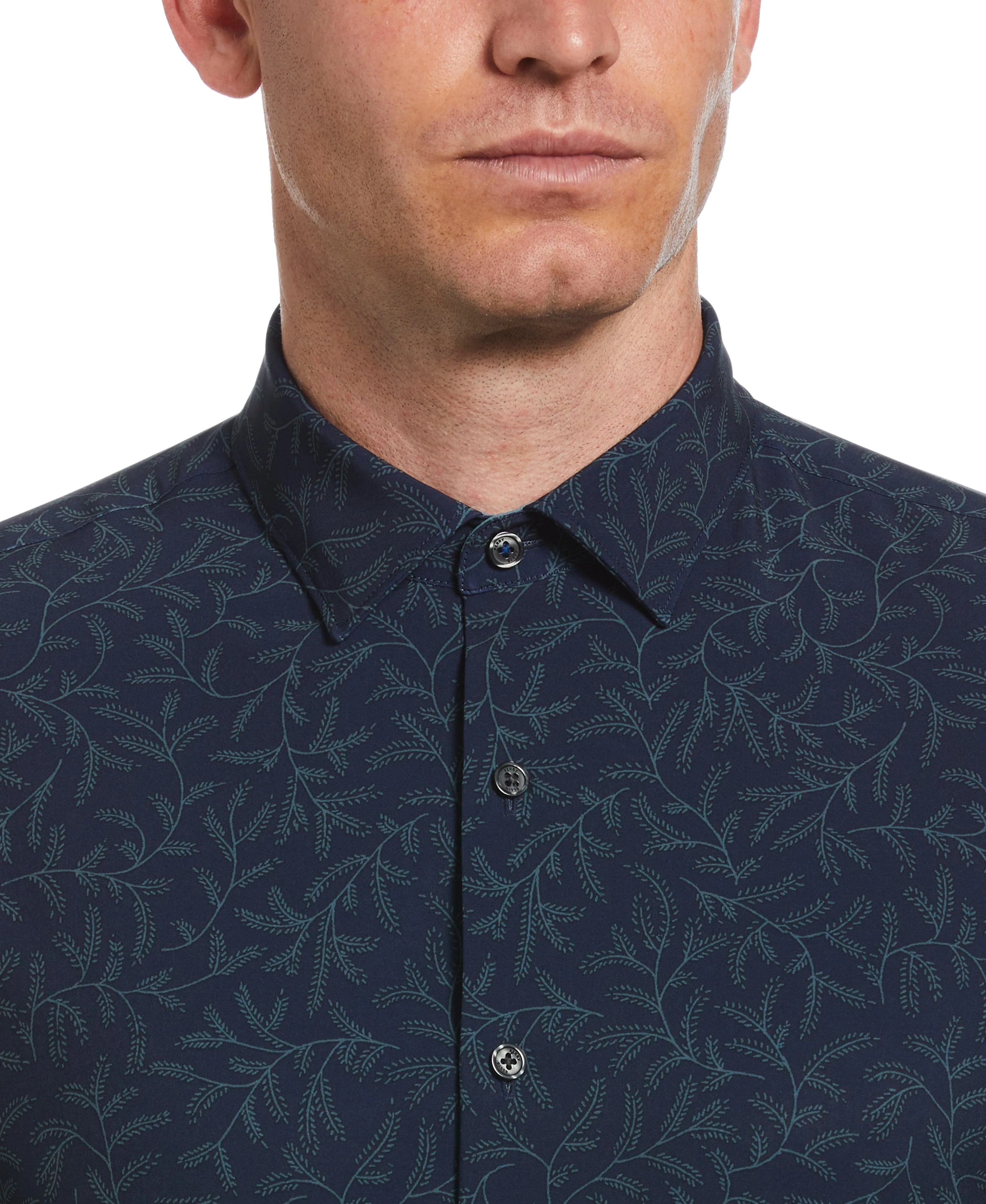 Untucked Total Stretch Slim Fit Leaf Print Shirt - Navy Blue