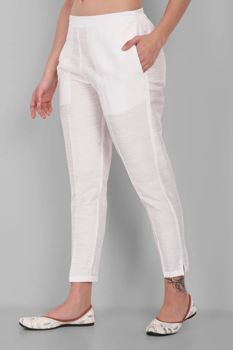 White Straight Cotton Silk Pant with Pockets