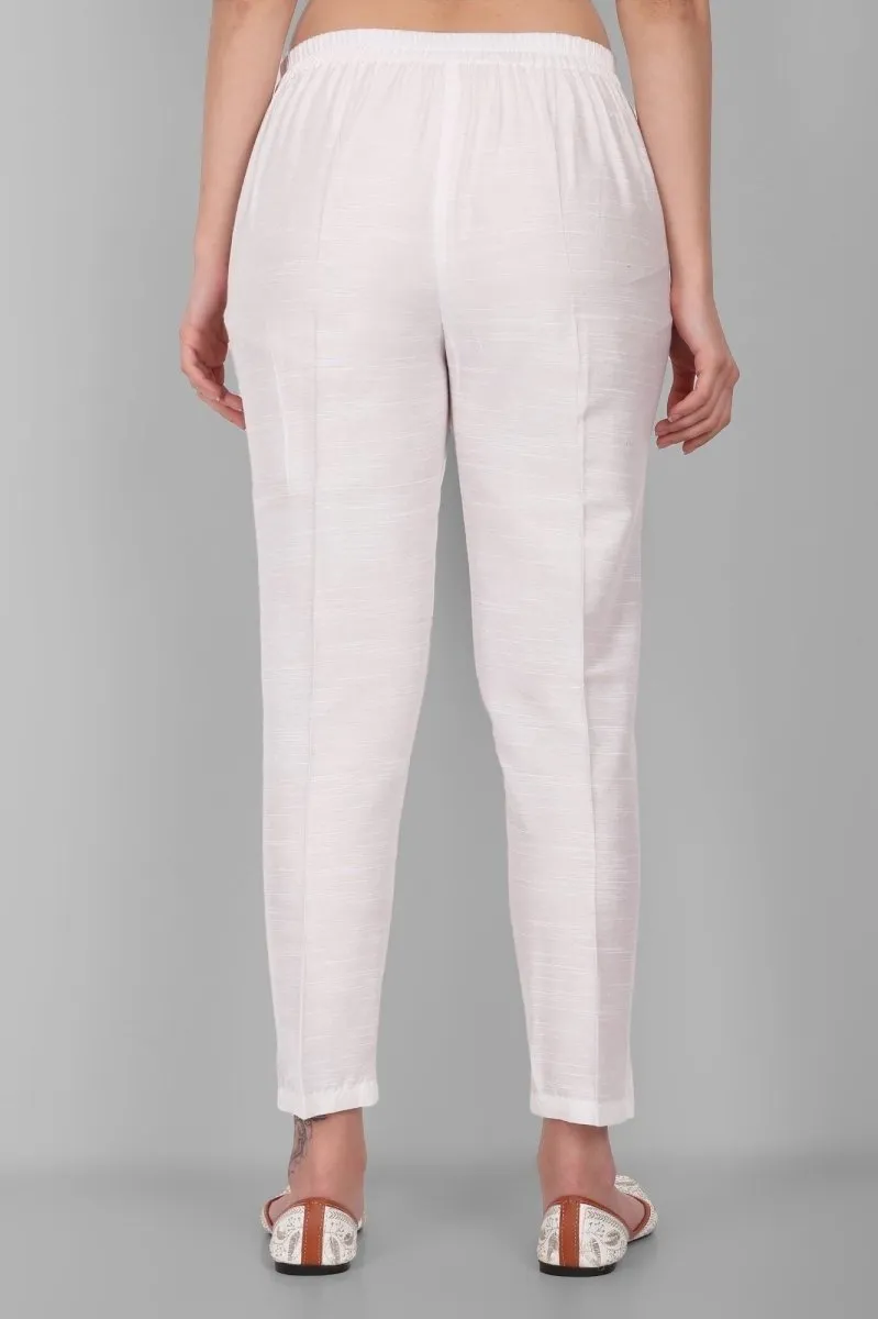 White Straight Cotton Silk Pant with Pockets