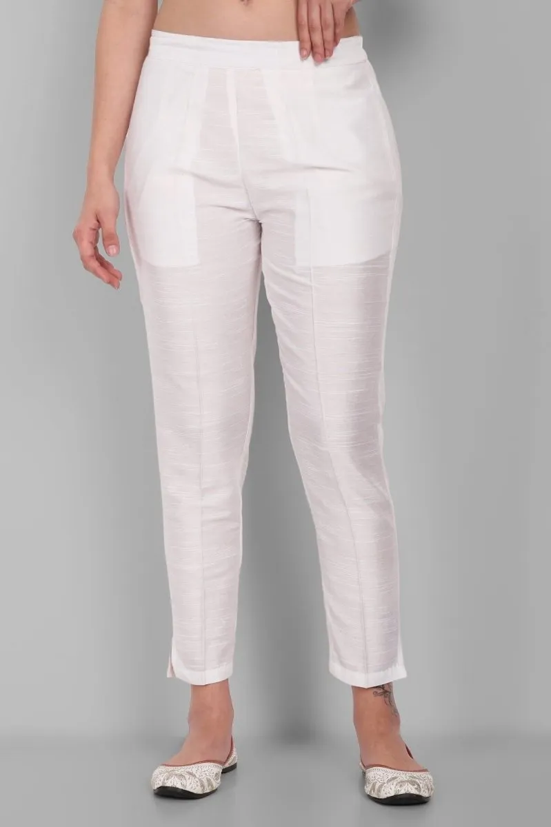 White Straight Cotton Silk Pant with Pockets