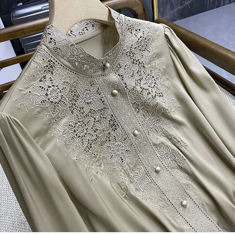 Women's Long Sleeve Shirt, Imitation Silk Shirt, Shirts & Blouses Embroidery Shirt, Fashion Summer Blouse, Spring Summer