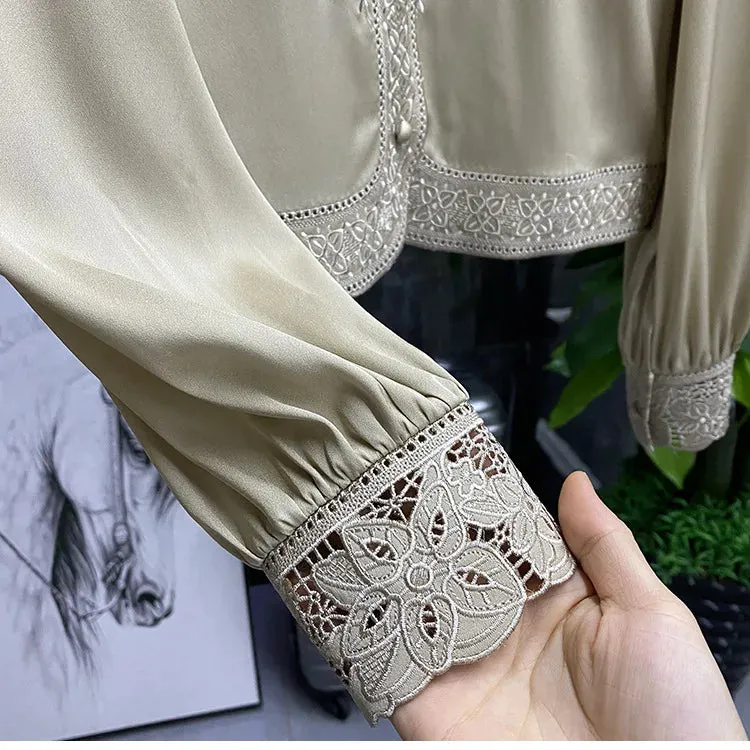 Women's Long Sleeve Shirt, Imitation Silk Shirt, Shirts & Blouses Embroidery Shirt, Fashion Summer Blouse, Spring Summer