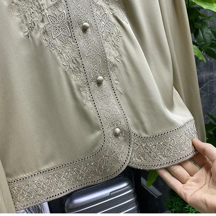 Women's Long Sleeve Shirt, Imitation Silk Shirt, Shirts & Blouses Embroidery Shirt, Fashion Summer Blouse, Spring Summer