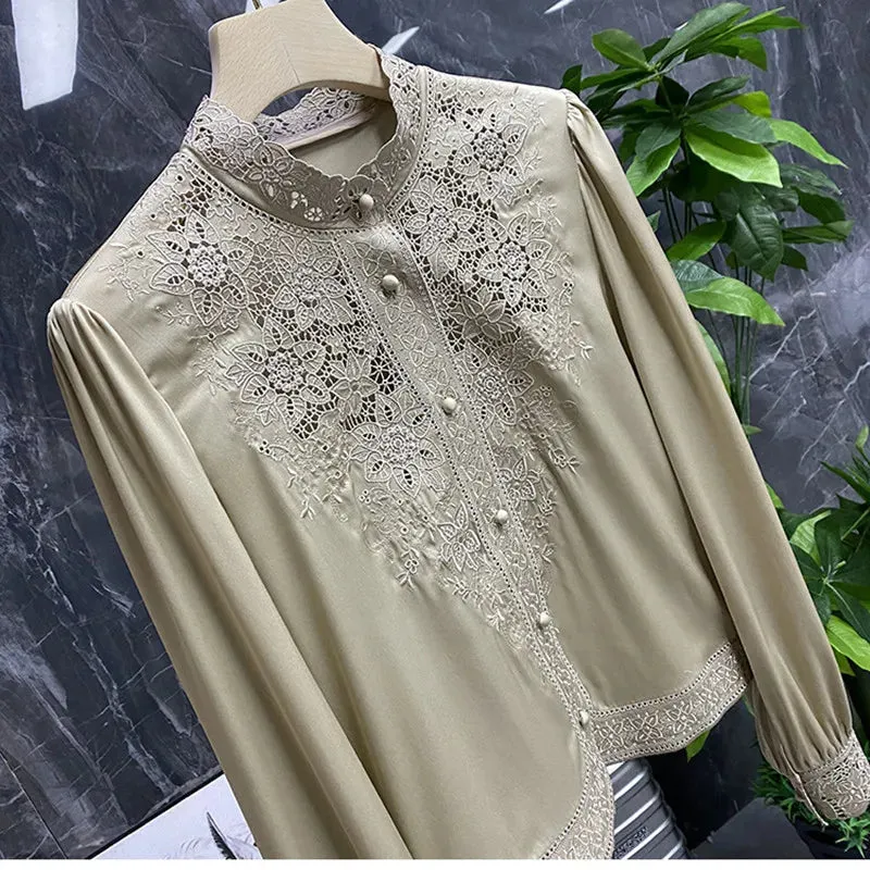 Women's Long Sleeve Shirt, Imitation Silk Shirt, Shirts & Blouses Embroidery Shirt, Fashion Summer Blouse, Spring Summer