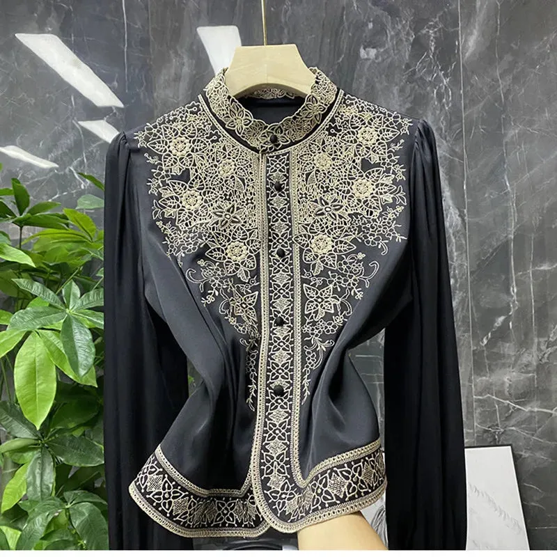 Women's Long Sleeve Shirt, Imitation Silk Shirt, Shirts & Blouses Embroidery Shirt, Fashion Summer Blouse, Spring Summer