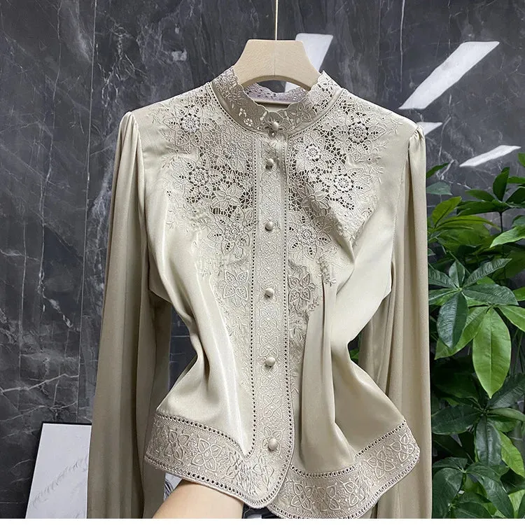 Women's Long Sleeve Shirt, Imitation Silk Shirt, Shirts & Blouses Embroidery Shirt, Fashion Summer Blouse, Spring Summer