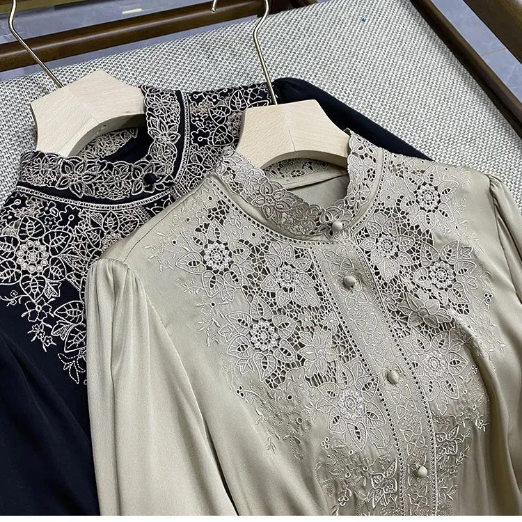 Women's Long Sleeve Shirt, Imitation Silk Shirt, Shirts & Blouses Embroidery Shirt, Fashion Summer Blouse, Spring Summer