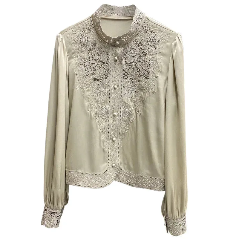 Women's Long Sleeve Shirt, Imitation Silk Shirt, Shirts & Blouses Embroidery Shirt, Fashion Summer Blouse, Spring Summer