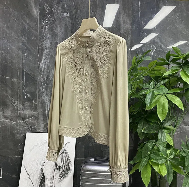 Women's Long Sleeve Shirt, Imitation Silk Shirt, Shirts & Blouses Embroidery Shirt, Fashion Summer Blouse, Spring Summer